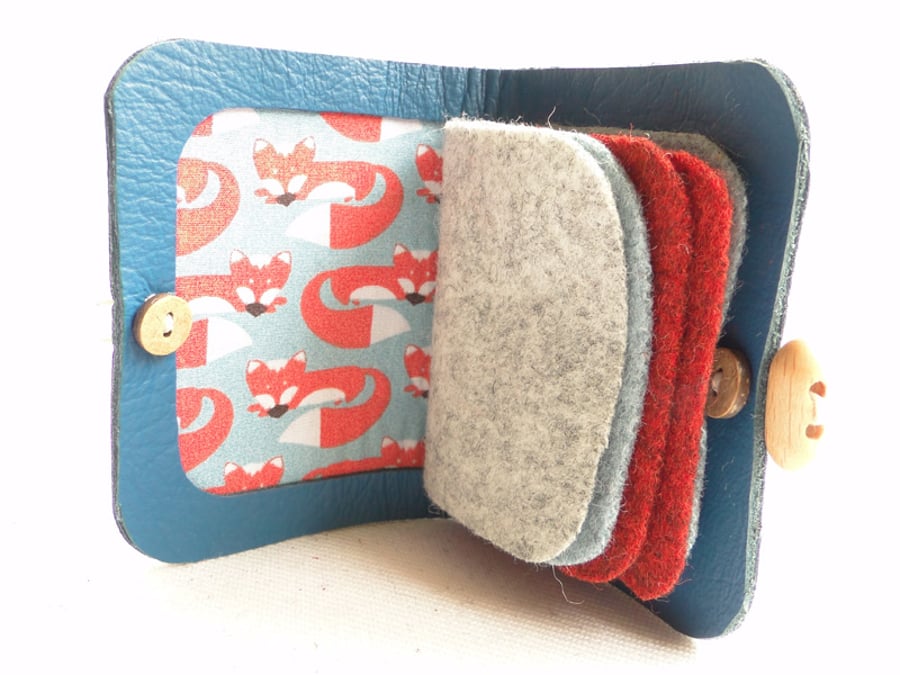 Fox Needle Case - Sewing Accessory - Blue Leather Needle Book - Sewing Gift