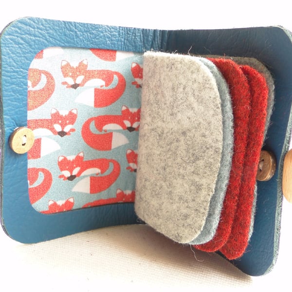 Fox Needle Case - Sewing Accessory - Blue Leather Needle Book - Sewing Gift