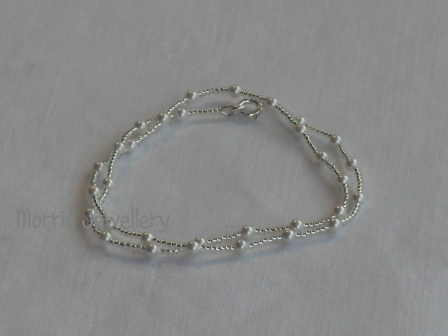 Silver seed bead and white pearl, wrap bracelet