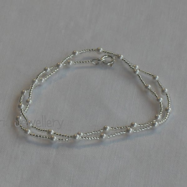 Silver seed bead and white pearl, wrap bracelet