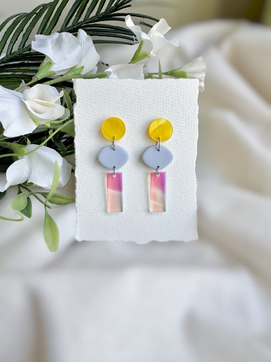 Polymer Clay and Acrylic Geometric Earrings - Mixed Media Dangles