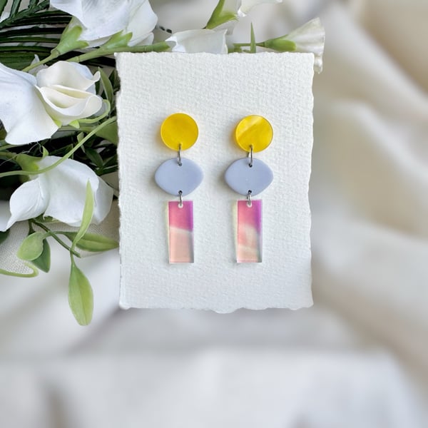 Polymer Clay and Acrylic Geometric Earrings - Mixed Media Dangles