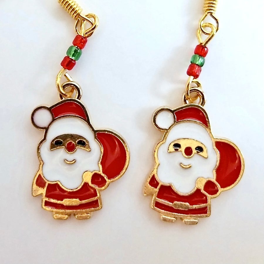 Christmas Earrings -  Enamel Santa Charm With Glass Beads - Free UK Delivery.