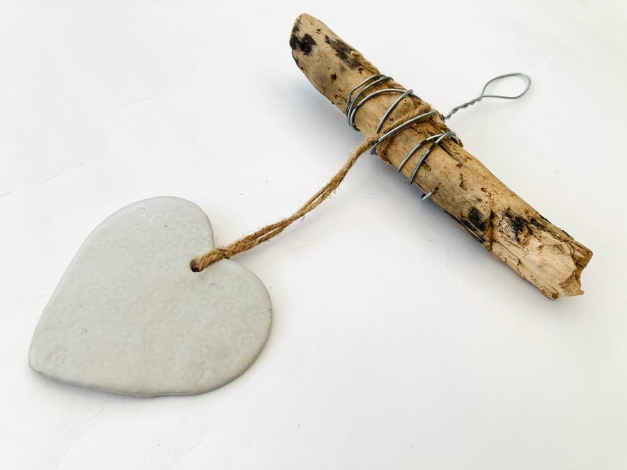 Bespoke driftwood, Loveheart hanger, home decor, gift idea, pottery,ceramics