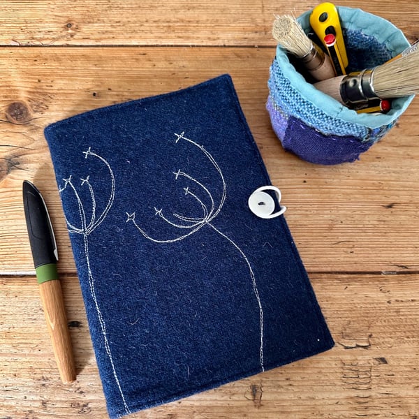 Notebook & Journal Cover in Dark Blue Vintage Welsh with Stitched Cowslip design