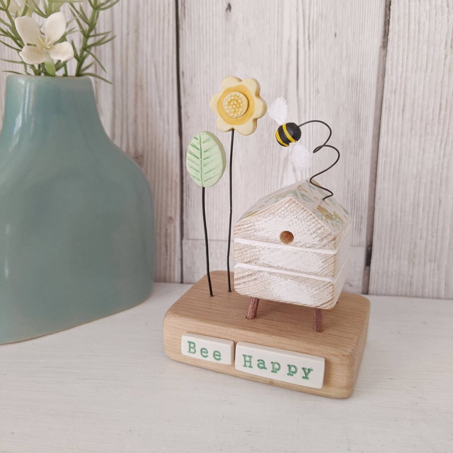 Wooden Beehive With Flower and Little Clay Bee 'Bee Happy'