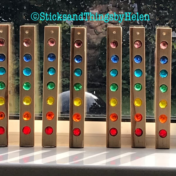 Mini Chakra stick hanger, handmade wood and glass suncatcher