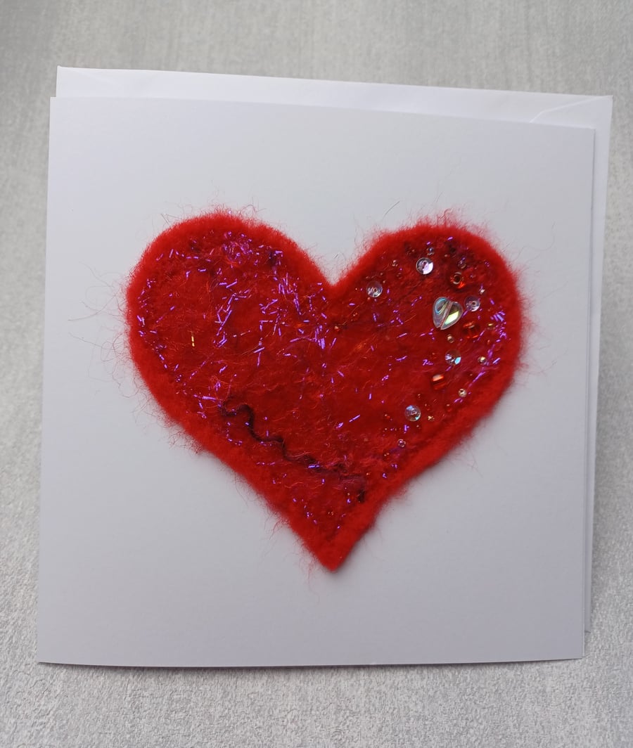 Red heart card, embellished, felt art, greetings cards, any occasion