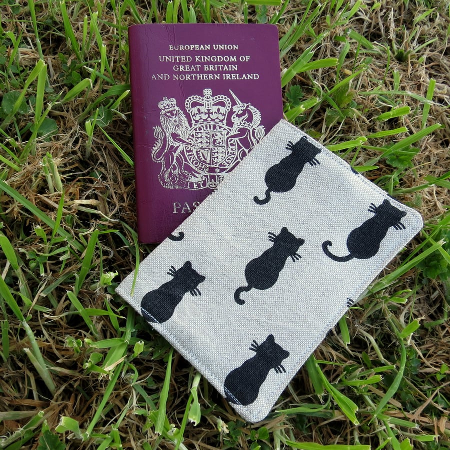 Black cat.  A passport sleeve with a whimsical cat design.  Passport cover.