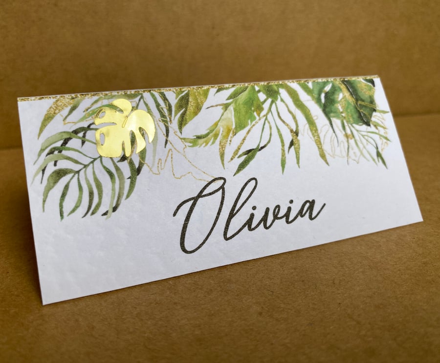 6 x table place CARDS tropical palm leaves personalised name Wedding setting
