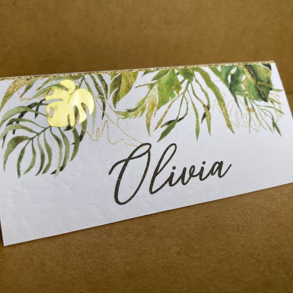 6 x table place CARDS tropical palm leaves personalised name Wedding setting