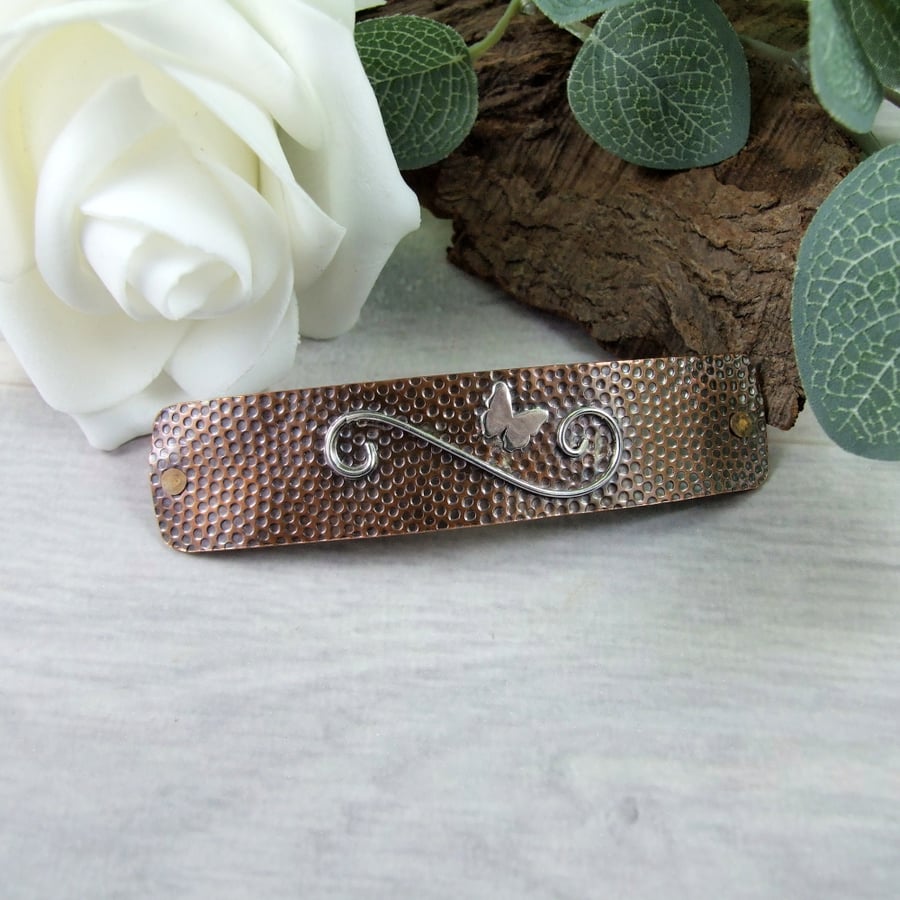 Hair Barrette, Copper Hair Clip with Butterfly and Scroll