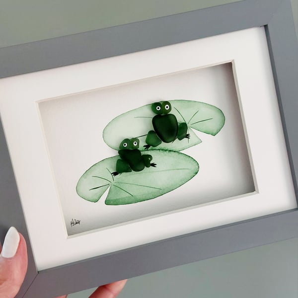 Frogs Sea Glass Wall Art, Framed Sea Glass & Pebble Art, Gift for Nature Lovers
