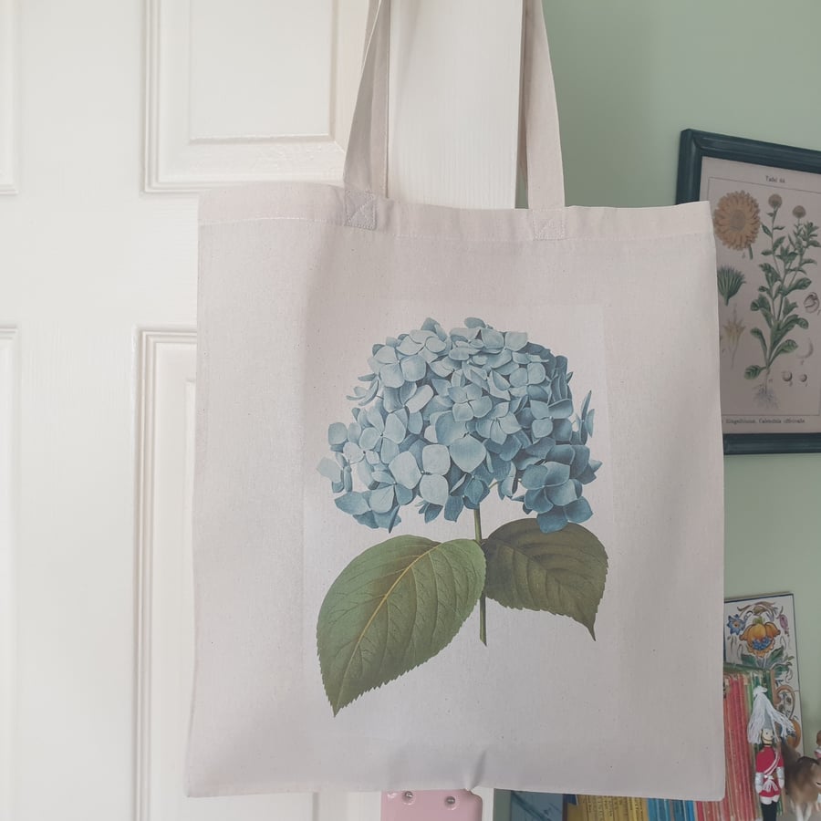 Blue Hydrangea Print Cotton Tote Bag Gift for Gardeners