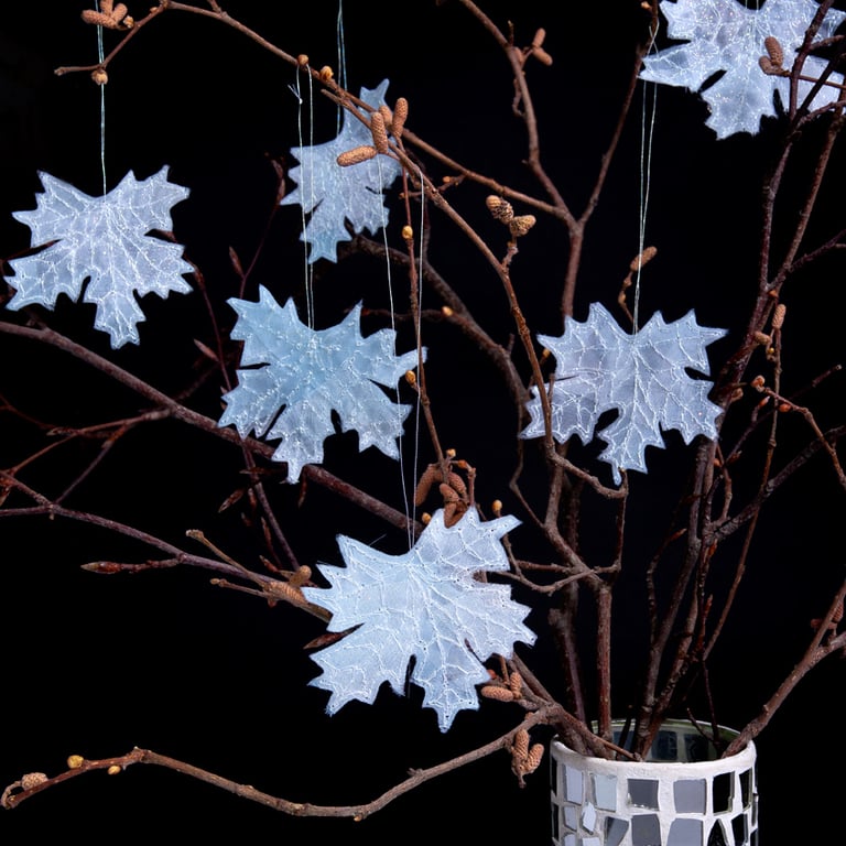 Glittery Frosted Maple Leaf Decorations Embroidered Winter Tree Decor