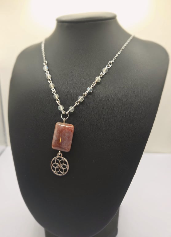 Red and Lilac Lepidolite Pendant Gemstone Necklace with Labradorite Beads
