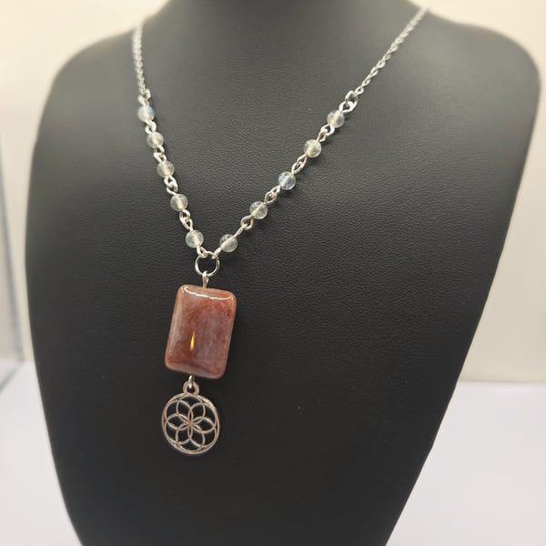Red and Lilac Lepidolite Pendant Gemstone Necklace with Labradorite Beads