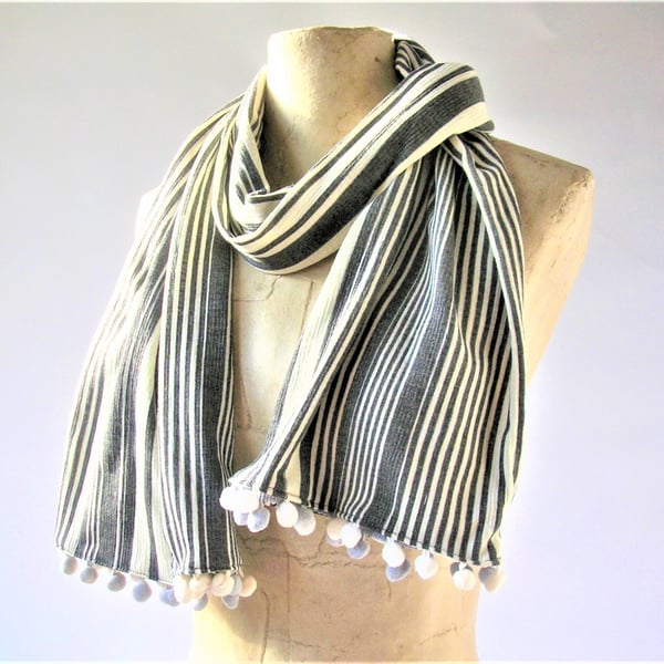 Grey and Cream striped viscose jersey light weight informal Scarf pom pom fringe