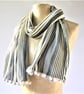 Grey and Cream striped viscose jersey light weight informal Scarf pom pom fringe - Image 1