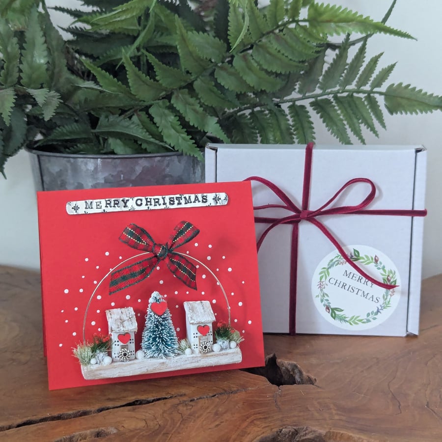 Merry Christmas Card with Handmade Wooden Christmas Decoration Gift 