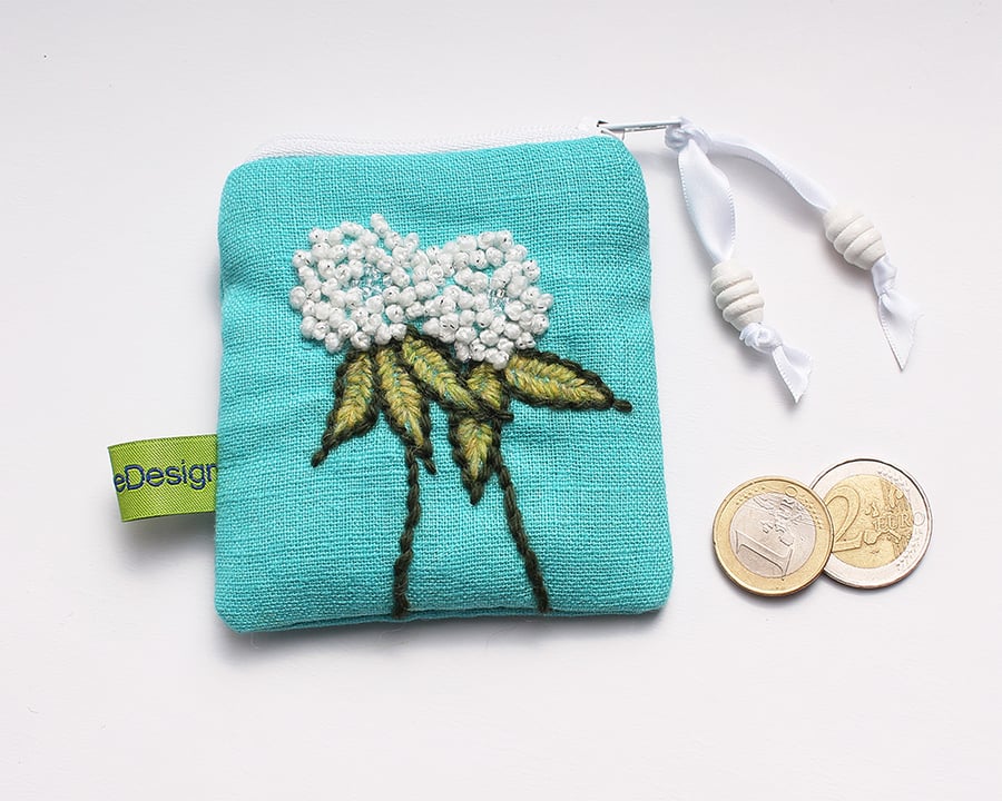 Turquoise linen coin purse with hand embroidered clover 