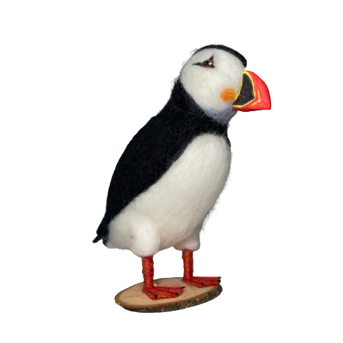 Puffin sculpture, needle felted woollen model