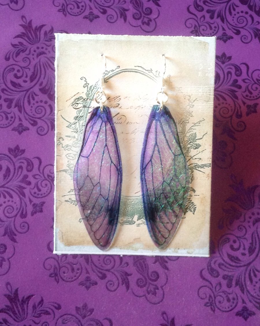 Beautiful Blue Shimmering Iridescent Large Fairy Wing Sterling Silver Earrings