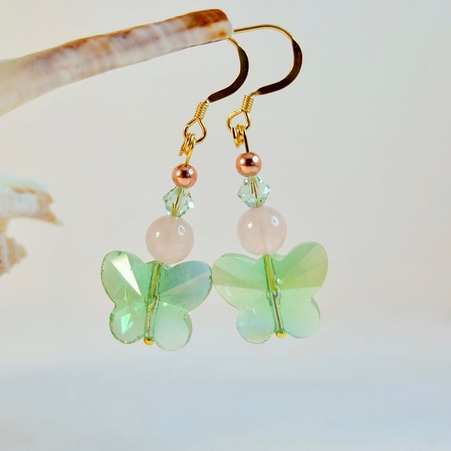 Green Glass Butterfly Earrings With Rose Quartz And Swarovski Crystal.