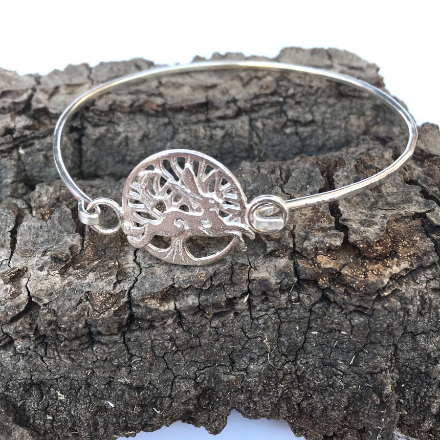 Running Hare Silver Tree of Life Bangle, Bracelet, Tree of Life Cuff Folklaw