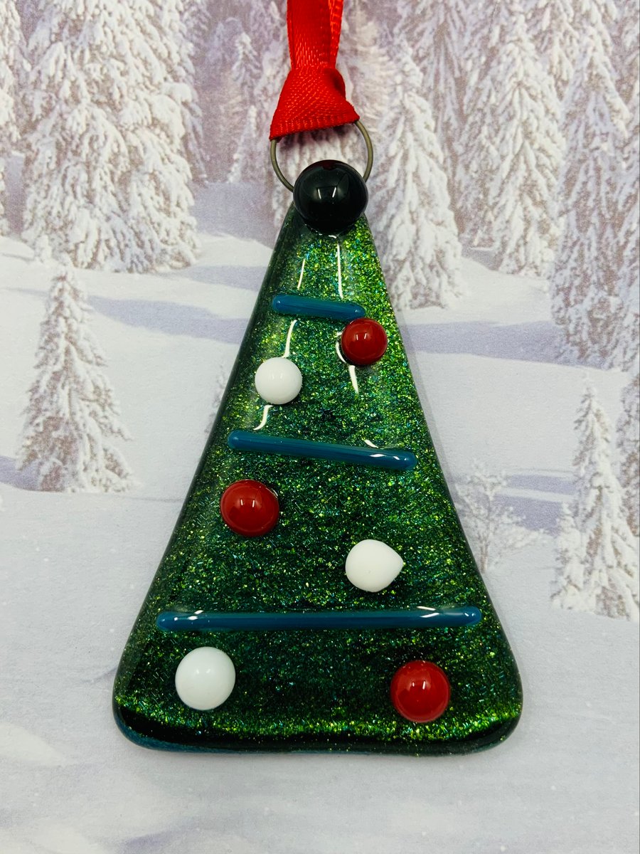 Handmade Fused Glass Xmas Tree Hanging Christmas Decoration 