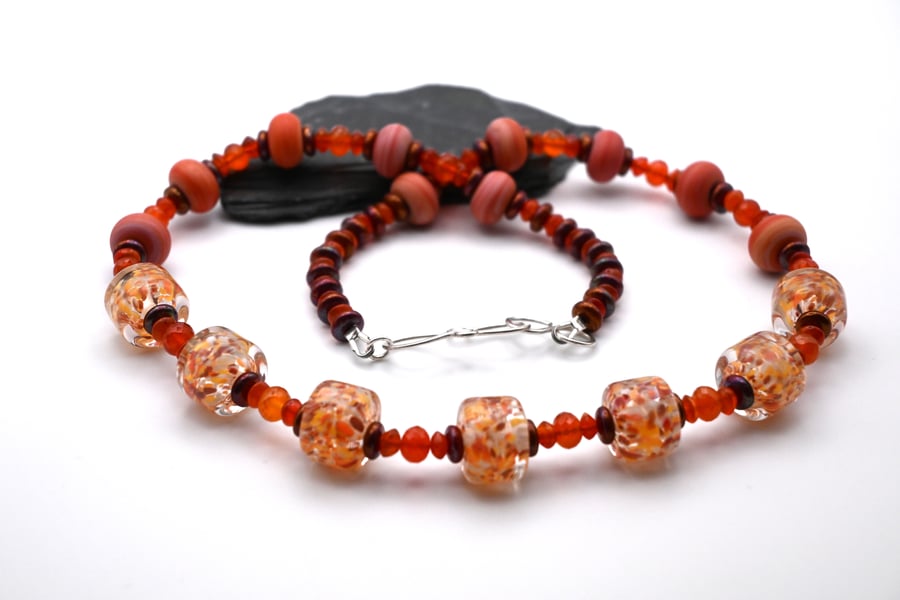autumn lampwork glass and carnelian gemstone necklace
