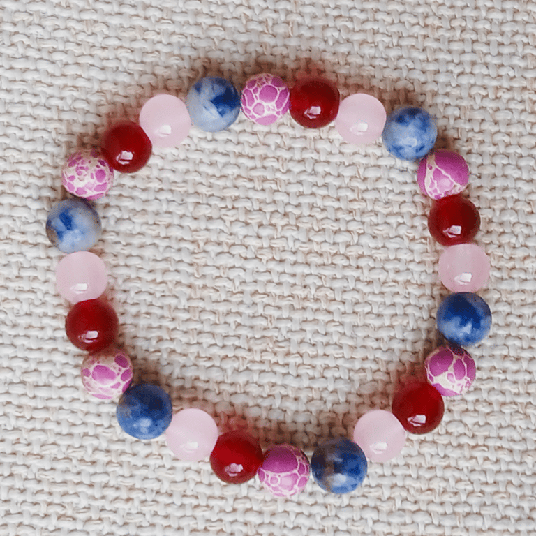 Ladies Red Jasper, Blue Tiger's Eye, and Rose Quartz Elastic Bead Bracelet