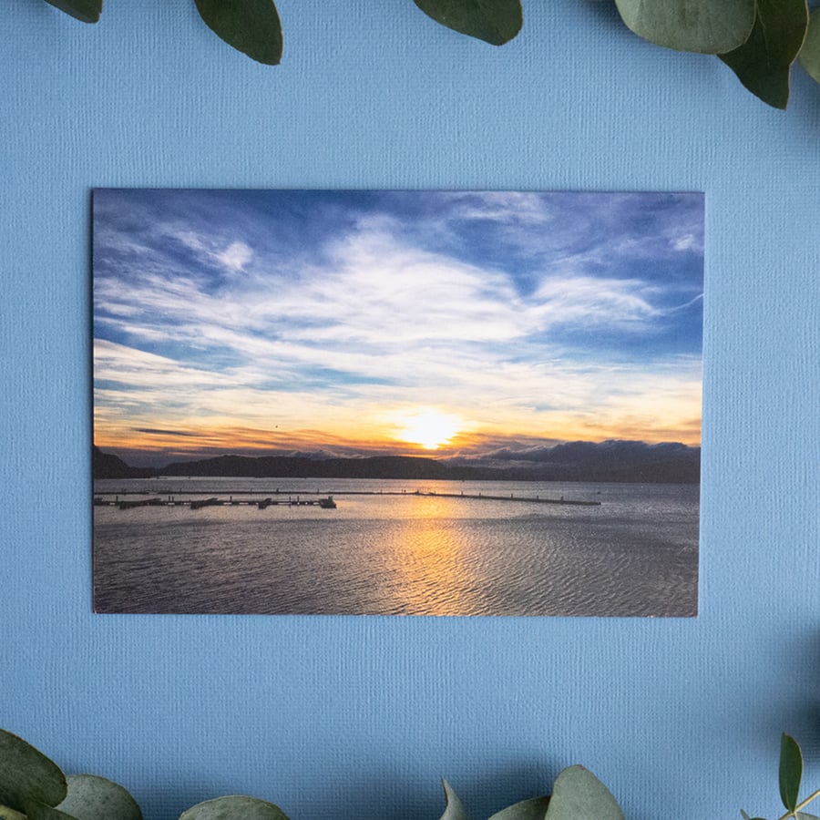 Sunset over Oban Harbour - Blank Landscape Greetings Card with envelope