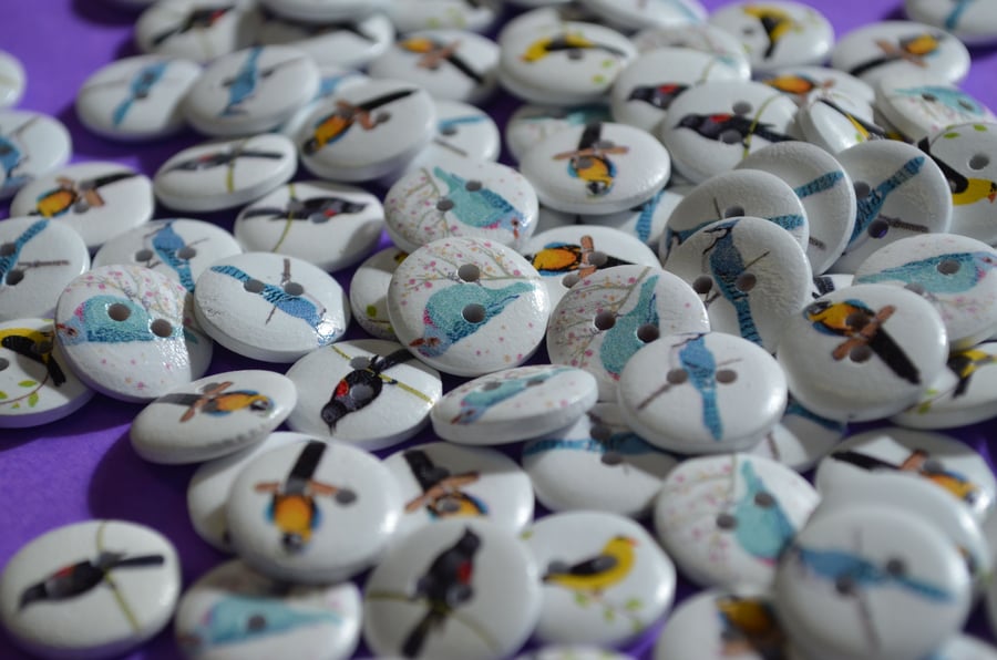 15mm Wooden Bird Buttons Random Mix 10pk Parrot Birdie (SB1)