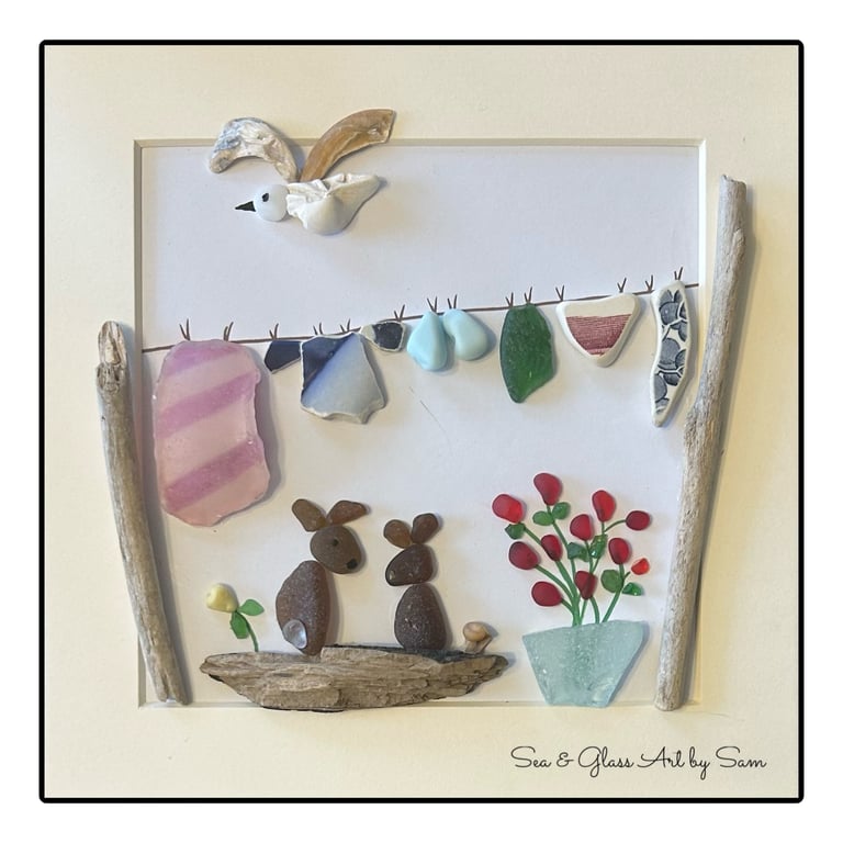 Handmade Sea Glass Washing Line & Pebble Rabbits Picture - Framed 8x8 Coastal Ar