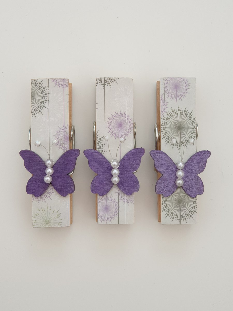 Butterfly Peg fridge Magnets decoupaged set of 3, seconds Sunday 