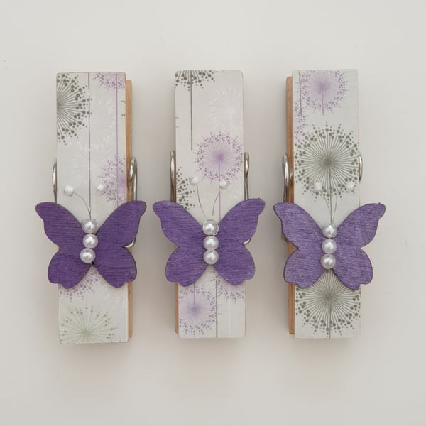 Butterfly Peg fridge Magnets decoupaged set of 3, seconds Sunday 