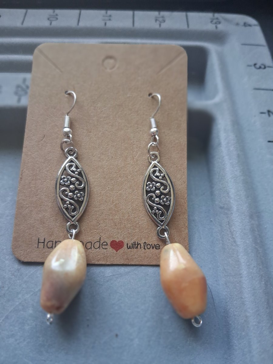 beige bead and silver drop earrings