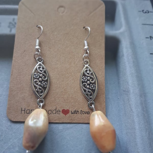 beige bead and silver drop earrings