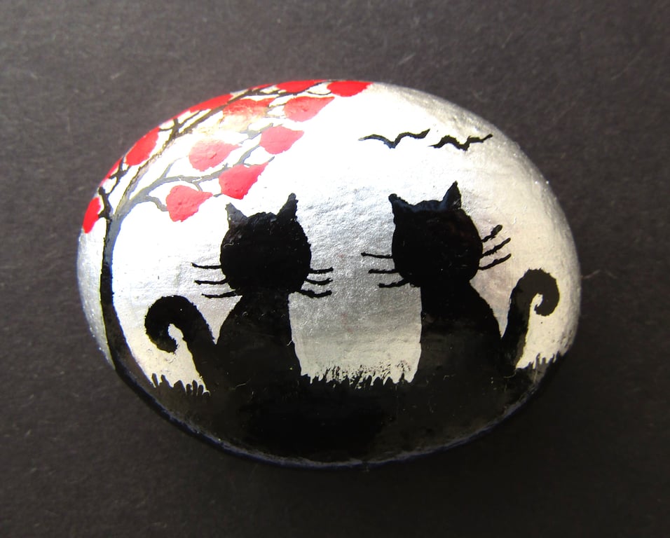 Cat Painted Pebble, Two Cats Tree, Stone Art Magnet, Small Love Gift, Red Hearts