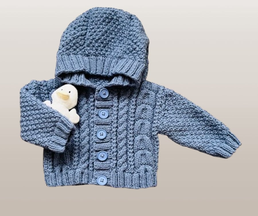 Baby Hooded Jacket - Cable Pattern - Fits Age 6 - 12 months