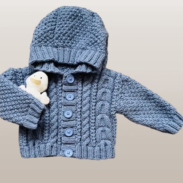 Baby Hooded Jacket - Cable Pattern - Fits Age 6 - 12 months
