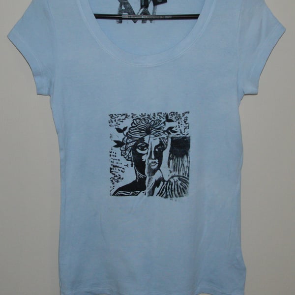 Ladies small T shirt with Roman fresco in blue cotton