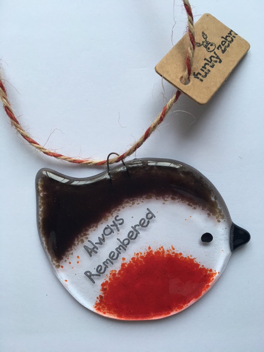 Handmade Fused Glass "Always Remembered" Robin Christmas Decoration