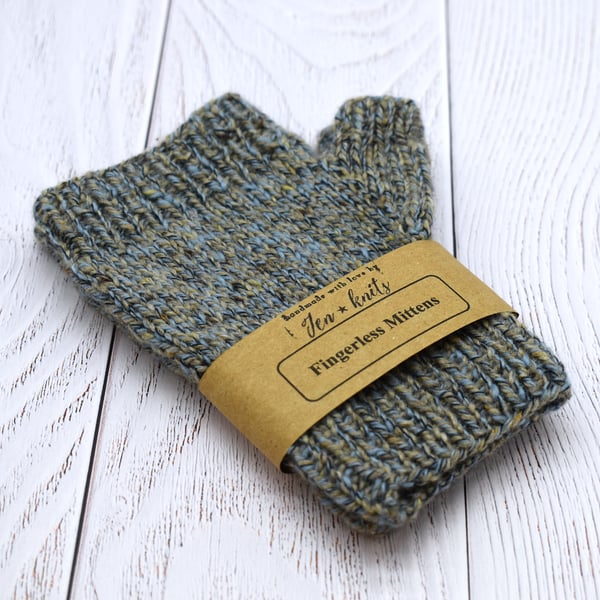 Hand Knitted Fingerless mittens - Grey Blue Marl - Small