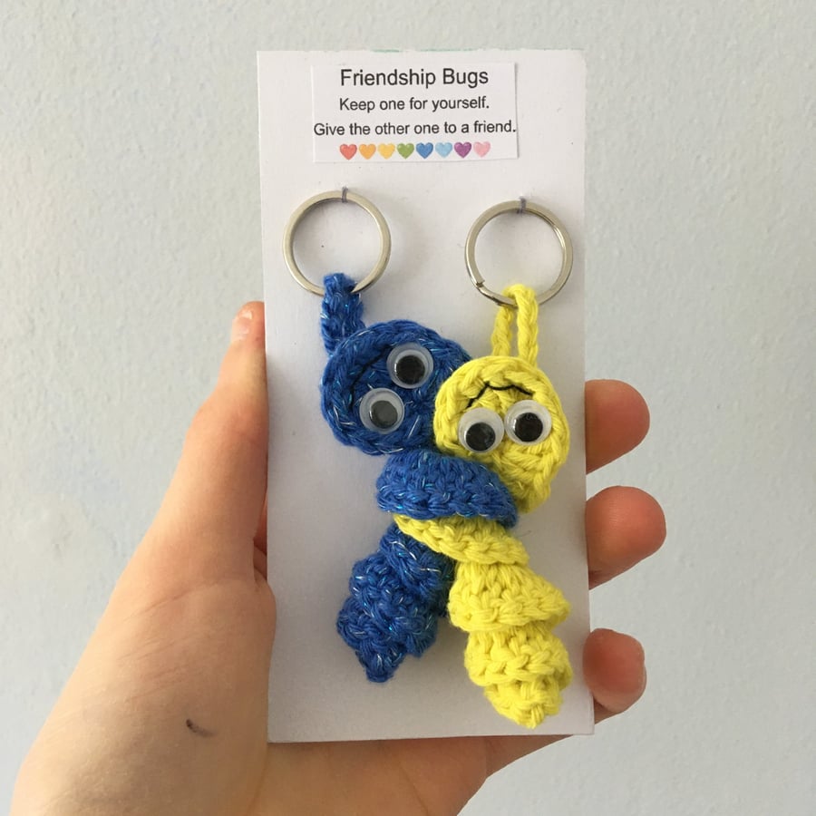 Crochet Friendship Bug Keyring, Sparkly Blue And Yellow, Best Friend Gift