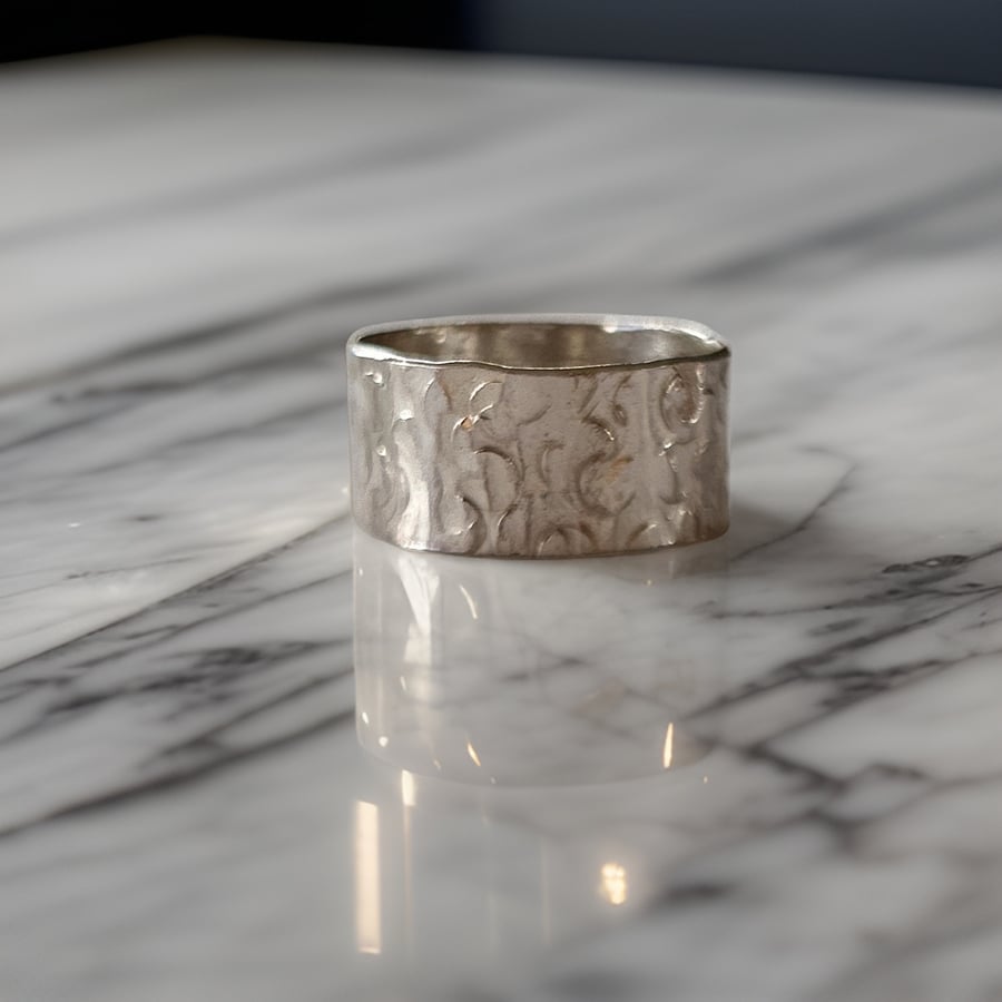 Silver Wide Band Patterned Ring