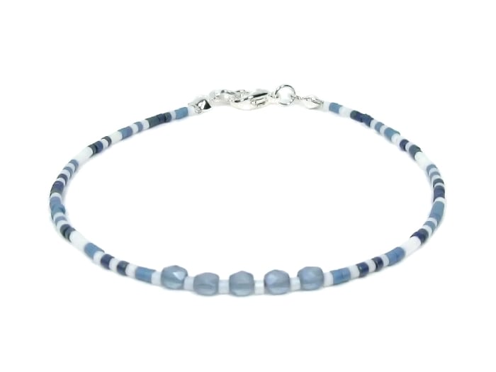 Blues & White Seed Beads Dainty Friendship Bracelet - 6.5" - 8.5"