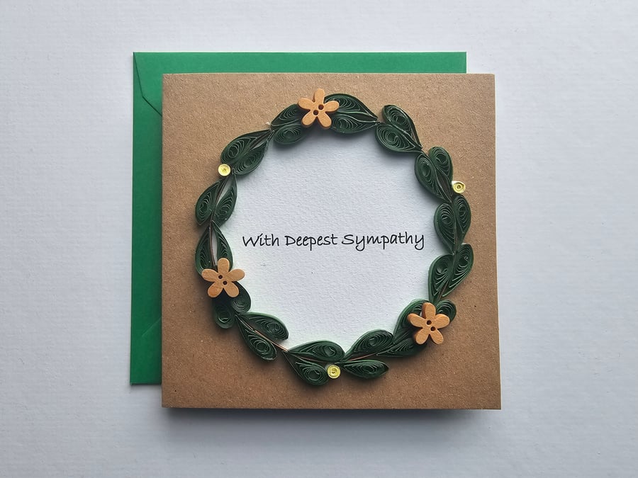 Quilled Wreath with Wooden Buttons Sympathy Card Size 5" x 5" 