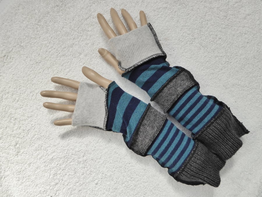 Finger-less Gloves Arm-warmers created from Up-cycled Sweaters. Blue Grey Stripe